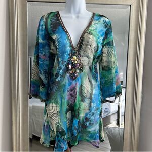 L’AF FAIRE Beautiful Indian Women's Watercolor Tunic Top V-Neck Embroidered Sz S